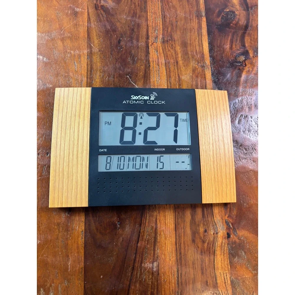 SkyScan Atomic Clock Digital Wall Tabletop Wood Grain Black Model 86722